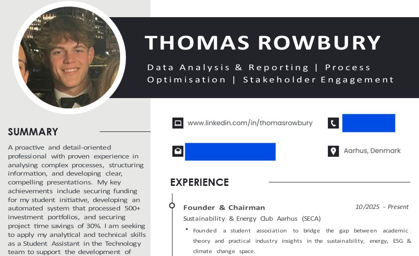 Example of a Danish-style CV header with photo, name, tagline, and contact block