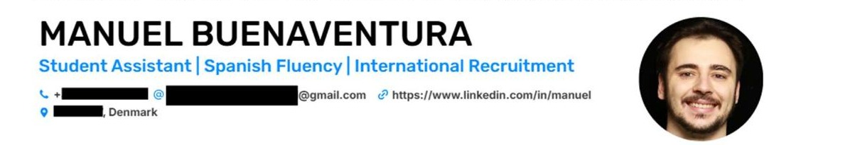 Header of Manuel's CV showing his name, headline, contact details, and photo